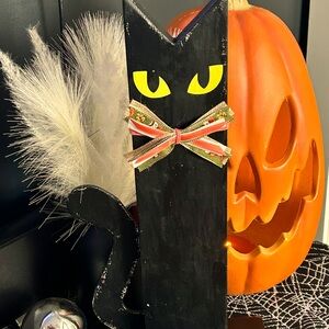 Handmade  16"Farmhouse Black Cat With Yellow Eyes Indoor Outdoor Halloween Decor